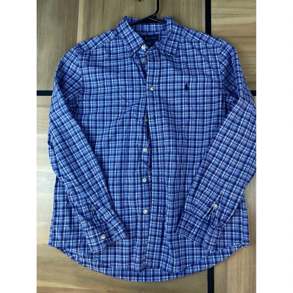 Ralph Lauren Boys‎ Blue Plaid Long Sleeve Button Down Shirt Size L (14-16)